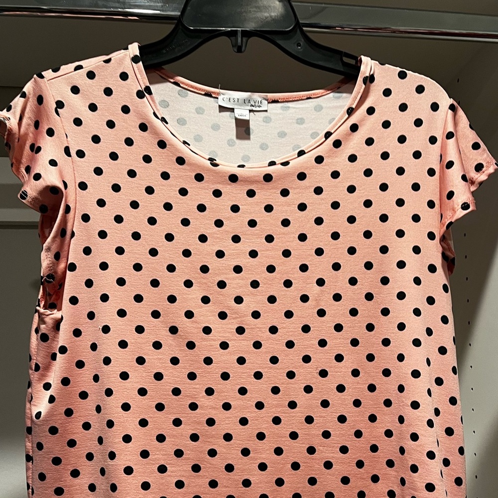 Pink and navy polka dot blouse